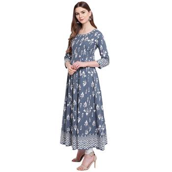 Grey printed cotton long-kurtis 3