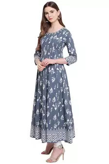 Grey printed cotton long-kurtis