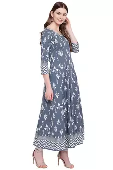 Grey printed cotton long-kurtis