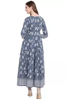 Grey printed cotton long-kurtis