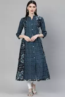 Navy-blue printed cotton ethnic-kurtis