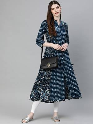Navy-blue printed cotton ethnic-kurtis 3