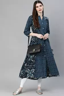 Navy-blue printed cotton ethnic-kurtis