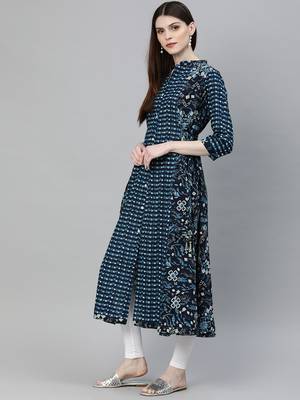 Navy-blue printed cotton ethnic-kurtis 4