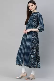 Navy-blue printed cotton ethnic-kurtis