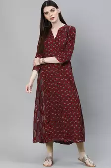 Maroon printed rayon ethnic-kurtis
