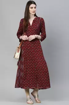Maroon printed rayon ethnic-kurtis