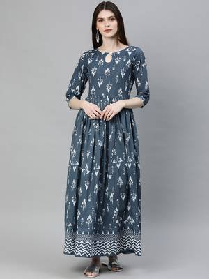 Grey printed cotton long-kurtis 1