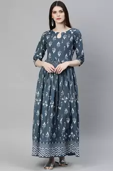 Grey printed cotton long-kurtis