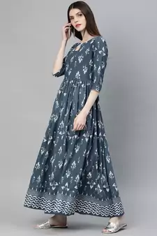 Grey printed cotton long-kurtis