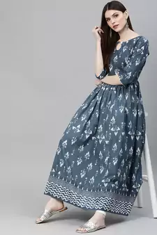 Grey printed cotton long-kurtis