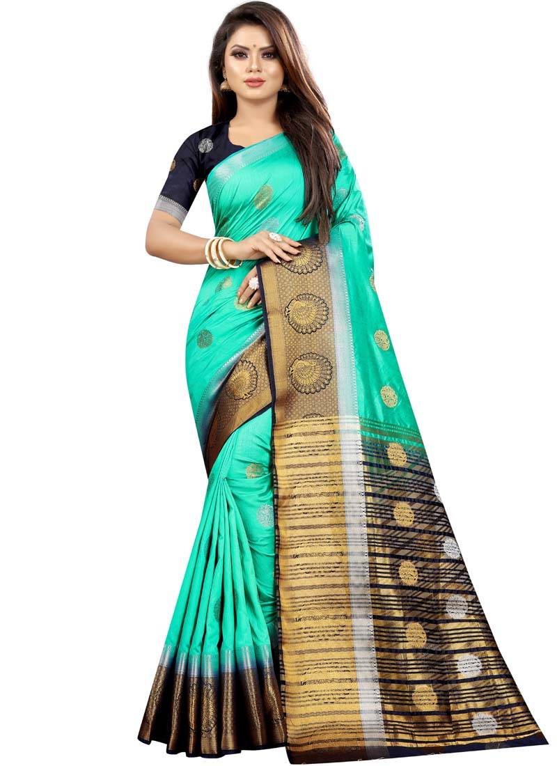 Turquoise woven art silk saree with blouse