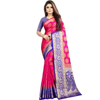 Pink woven art silk saree with blouse 1
