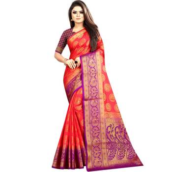 Orange woven art silk saree with blouse 1