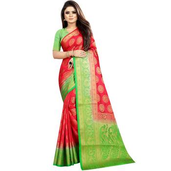 Red woven art silk saree with blouse 1
