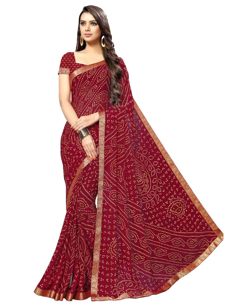 Women's Chiffon Maroon Printed Designer Saree With Blouse Piece