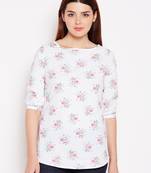 Women's White and Multicolor Floral Printed Cotton Top