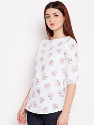 Women's White and Multicolor Floral Printed Cotton Top 4