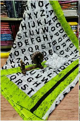 Soft Mulmul Cotton Saree - White Green Alphabet Print (Shibori Print) with Blouse Piece 1