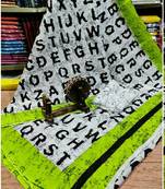 Soft Mulmul Cotton Saree - White Green Alphabet Print (Shibori Print) with Blouse Piece