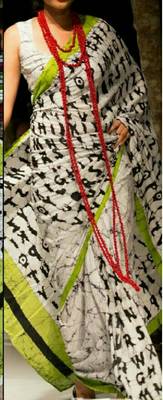 Soft Mulmul Cotton Saree - White Green Alphabet Print (Shibori Print) with Blouse Piece 2