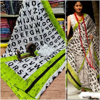 Soft Mulmul Cotton Saree - White Green Alphabet Print (Shibori Print) with Blouse Piece 3