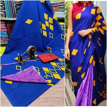 Soft Mulmul Cotton Saree - Blue Violet Yellow Shibori Print With Blouse Piece 1