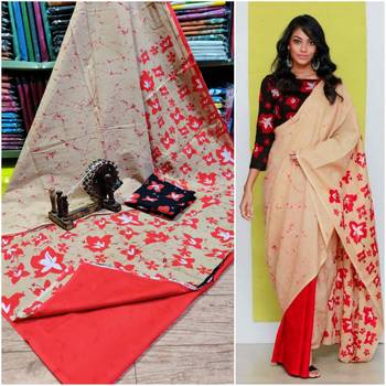 Cream Red Soft Mulmul Cotton Saree with Blouse Piece 1