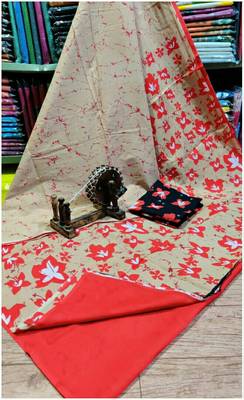 Cream Red Soft Mulmul Cotton Saree with Blouse Piece 2