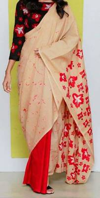 Cream Red Soft Mulmul Cotton Saree with Blouse Piece 3