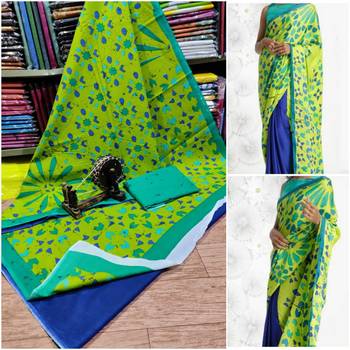 Green Blue Soft Mulmul Cotton Saree (Shibori Print) with Blouse Piece 1