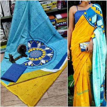 Orange Blue Soft Mulmul Cotton Saree (Shibori Print) with Blouse Piece 1
