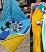 Orange Blue Soft Mulmul Cotton Saree (Shibori Print) with Blouse Piece