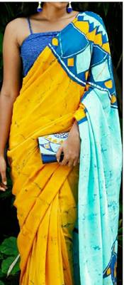 Orange Blue Soft Mulmul Cotton Saree (Shibori Print) with Blouse Piece 2