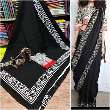 Black Soft Mulmul Cotton Saree with Blouse Piece 1