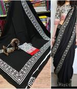 Black Soft Mulmul Cotton Saree with Blouse Piece