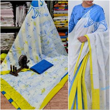White Blue Yellow Soft Mulmul Cotton Saree (Shibori Print) with Blouse Piece 1