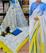 White Blue Yellow Soft Mulmul Cotton Saree (Shibori Print) with Blouse Piece
