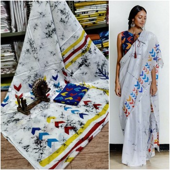 White Soft Mulmul Cotton Saree with 