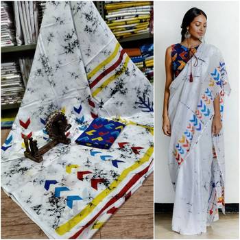 White Soft Mulmul Cotton Saree with Multi Coloured Blouse Piece 1