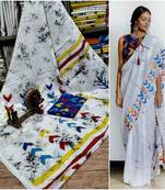 White Soft Mulmul Cotton Saree with Multi Coloured Blouse Piece