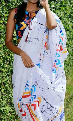 White Soft Mulmul Cotton Saree with Multi Coloured Blouse Piece 2