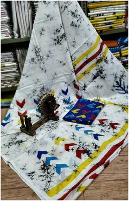 White Soft Mulmul Cotton Saree with Multi Coloured Blouse Piece 3