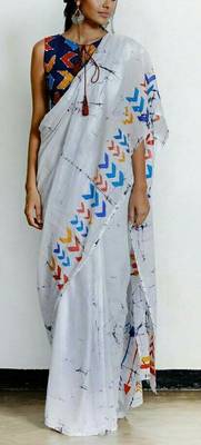 White Soft Mulmul Cotton Saree with Multi Coloured Blouse Piece 4