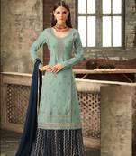 Skyblue And Navy Blue embroidered georgette semi stitched salwar with dupatta