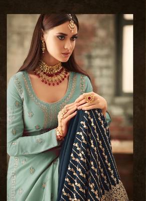 Skyblue And Navy Blue embroidered georgette semi stitched salwar with dupatta 2