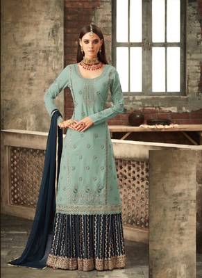 Skyblue And Navy Blue embroidered georgette semi stitched salwar with dupatta 3