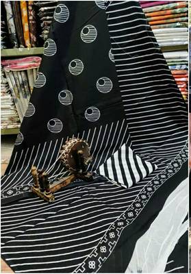 Black Soft Mulmul Cotton Saree with Blouse Piece 2