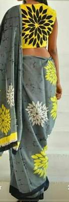Grey Yellow Black Soft Mulmul Cotton Saree with Blouse Piece 2