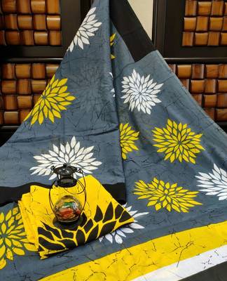 Grey Yellow Black Soft Mulmul Cotton Saree with Blouse Piece 1